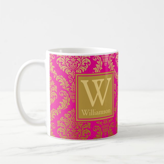 Elegant Hot Pink and Gold Damask Personalised Coffee Mug (Left)