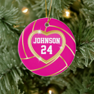Elegant Hot Pink and Gold Volleyball Ceramic Tree Decoration
