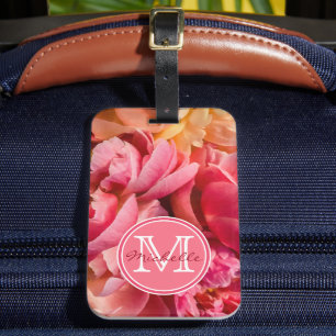 Elegant Hot Pink and Peach Peonies Monogrammed Luggage Tag
