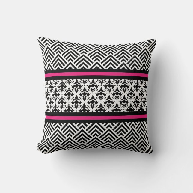 Elegant Hot Pink, Black and White Chevron Modern Cushion (Front)