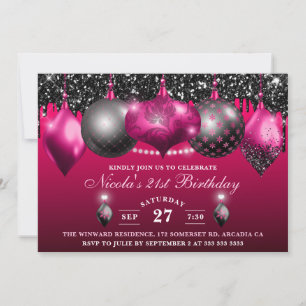 Elegant Hot Pink & black Glitter Baubles Birthday Invitation