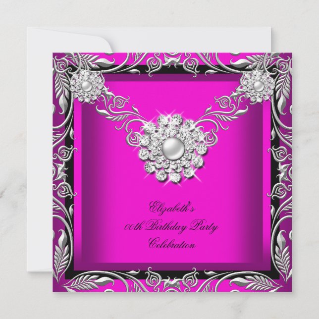 Elegant Hot Pink Black Silver Birthday Party Invitation (Front)