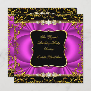 Elegant Hot Pink Damask Black Gold Birthday Party Invitation