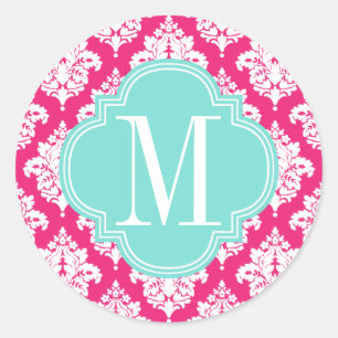 Elegant Hot Pink Damask Personalised Classic Round Sticker