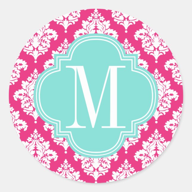 Elegant Hot Pink Damask Personalised Classic Round Sticker (Front)