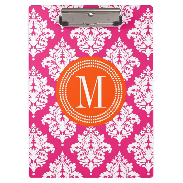 Elegant Hot Pink Damask Personalised Clipboard (Front)