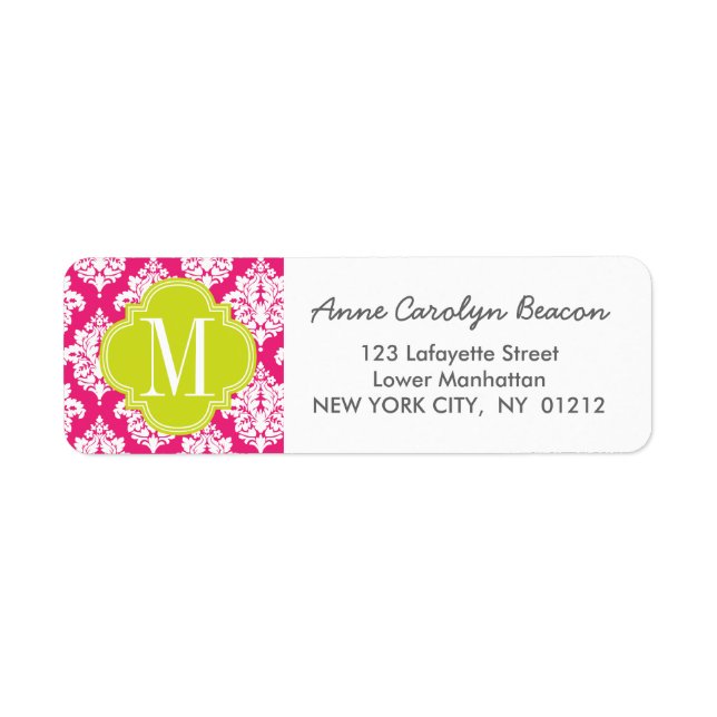 Elegant Hot Pink Damask Personalised Return Address Label (Front)