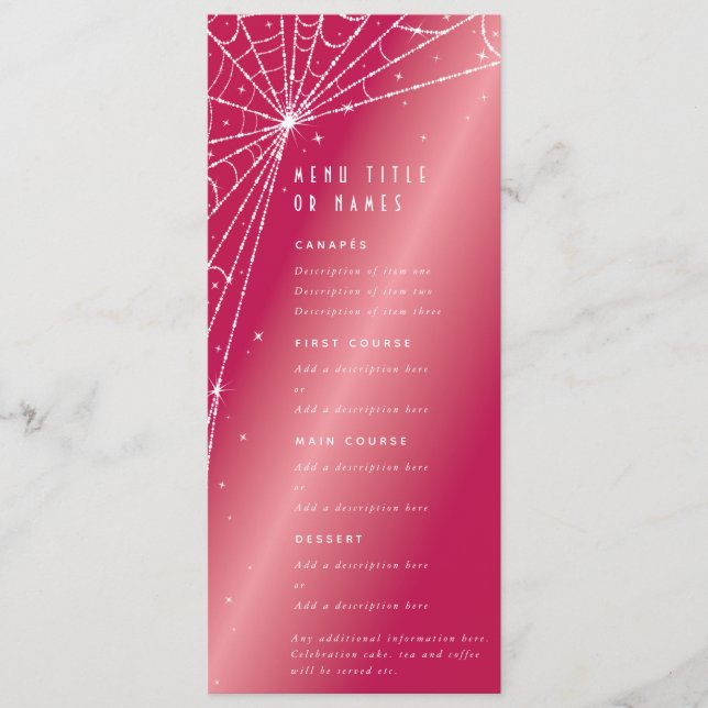 Elegant Hot Pink Diamond Spider Web Flat 4 Course Menu (Front)