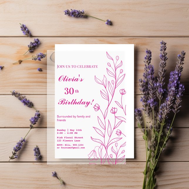 Elegant Hot Pink Floral 30th Birthday  Vellum Invitations (Creator Uploaded)