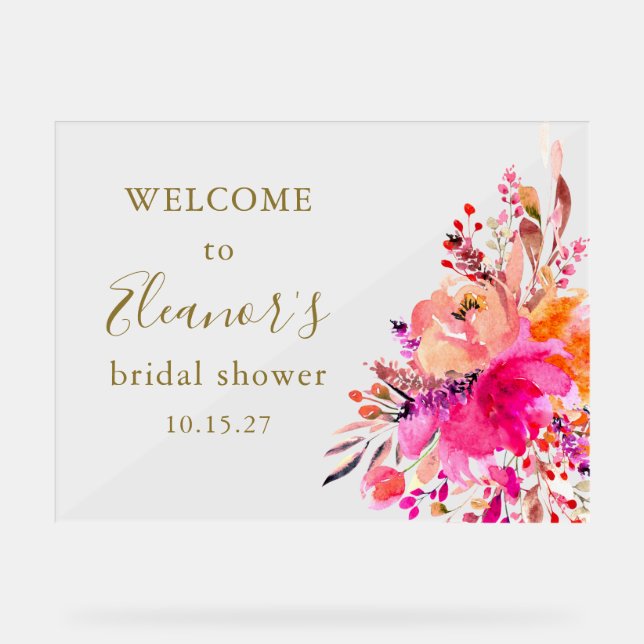 Elegant Hot Pink Floral Bridal Shower Welcome Acrylic Sign (Front)