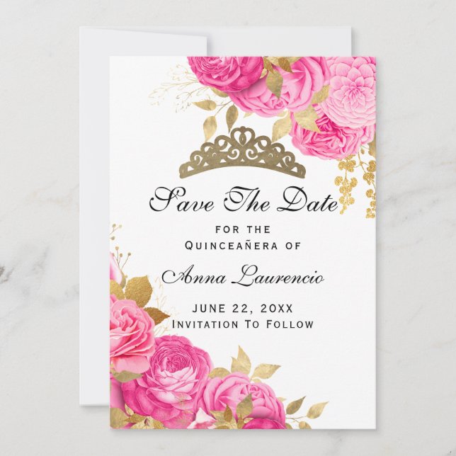 Elegant Hot Pink Floral Quinceanera Save The Date (Front)