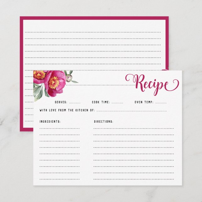 Elegant Hot Pink Floral Recipe Bridal Shower  Enclosure Card (Front/Back)