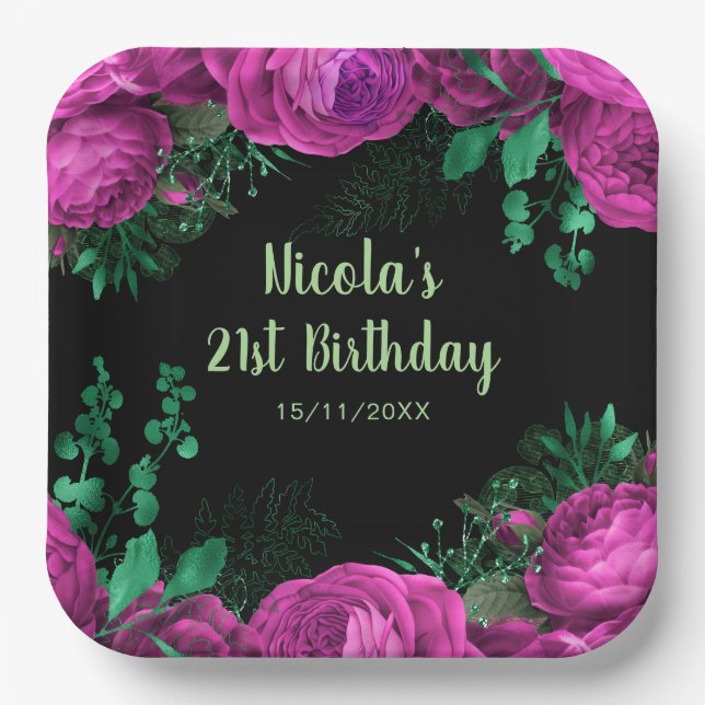 Elegant Hot Pink Flowers Birthday Party Paper Plate (Front)