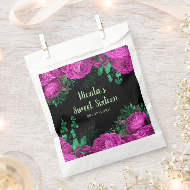 Elegant Hot Pink Flowers Sweet Sixteen Favour Bag (Clipped)