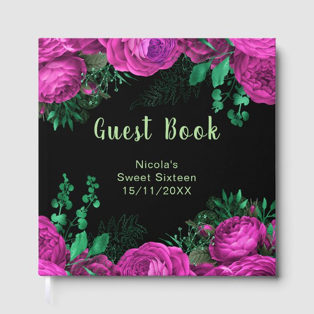 Elegant Hot Pink Flowers Sweet Sixteen Guest Book (Front)