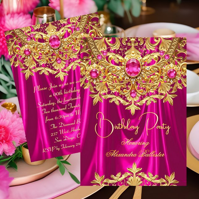 Elegant Hot Pink gems Gold Lace Damask Birthday Invitation (Creator Uploaded)