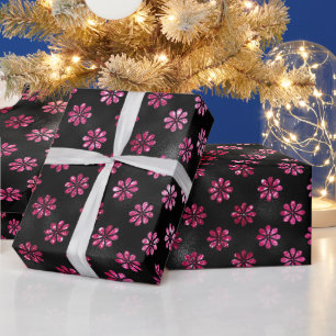 Elegant Hot Pink Glitter and Black Flowers Pattern Wrapping Paper