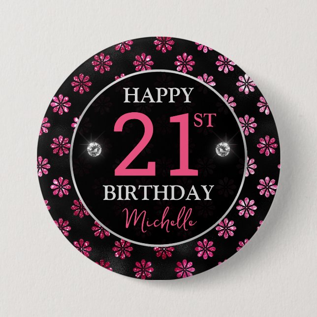 Elegant Hot Pink Glitter & Black Flowers Birthday 7.5 Cm Round Badge (Front)