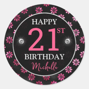 Elegant Hot Pink Glitter & Black Flowers Birthday Classic Round Sticker