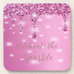 Elegant Hot Pink Glitter Drip Bachelorette Coaster