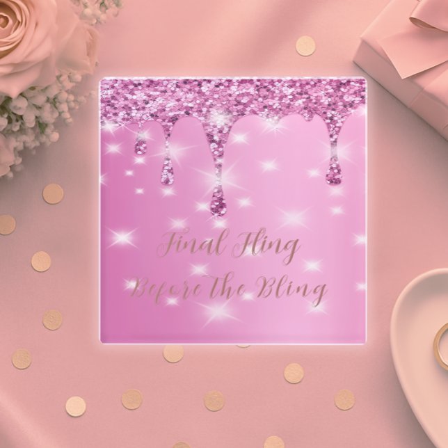 Elegant Hot Pink Glitter Drip Bachelorette Glass Coaster (Elegant glass coaster for bachelorette parties or bridal gifts—personalize your sparkle.)