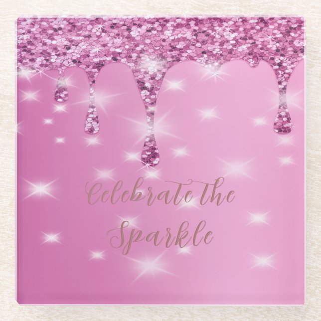 Elegant Hot Pink Glitter Drip Bachelorette Glass Coaster (Front)