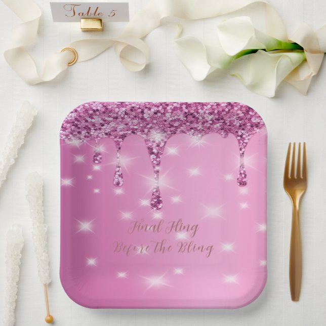 Elegant Hot Pink Glitter Drip Bachelorette  Paper Plate (Wedding)