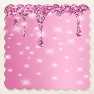 Elegant Hot Pink Glitter Drip Paper Coaster