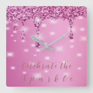 Elegant Hot Pink Glitter Drip  Square Wall Clock