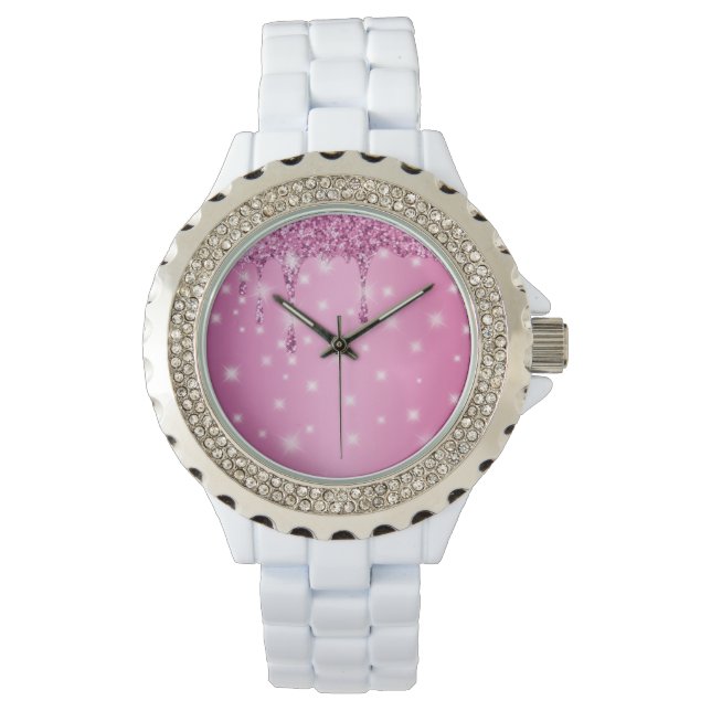 Elegant Hot Pink Glitter Drip Watch (Front)