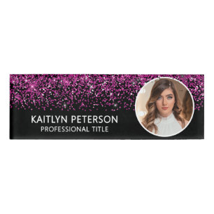 Elegant Hot Pink Glitter Employee Photo ID Black Name Tag