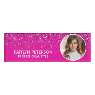 Elegant Hot Pink Glitter Employee Photo ID Name Tag