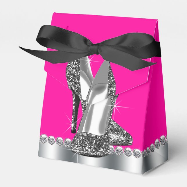 Elegant Hot Pink Glitter High Heel Shoe Favour Box (Front Side)