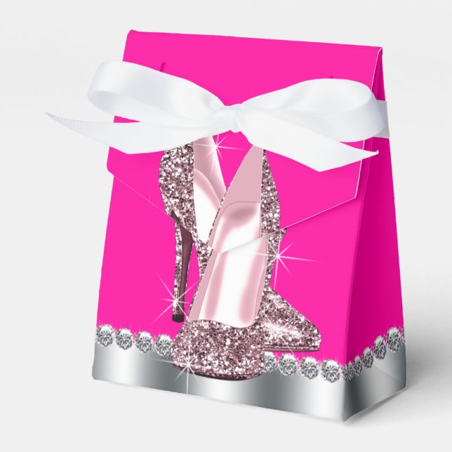 Elegant Hot Pink Glitter High Heel Shoe Favour Box (Front Side)
