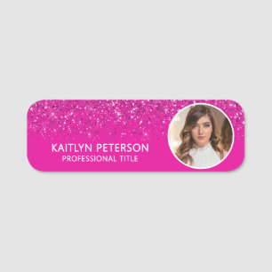 Elegant Hot Pink Glitter Magnetic Employee Photo Name Tag