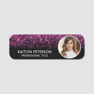 Elegant Hot Pink Glitter Magnetic Employee Photo Name Tag