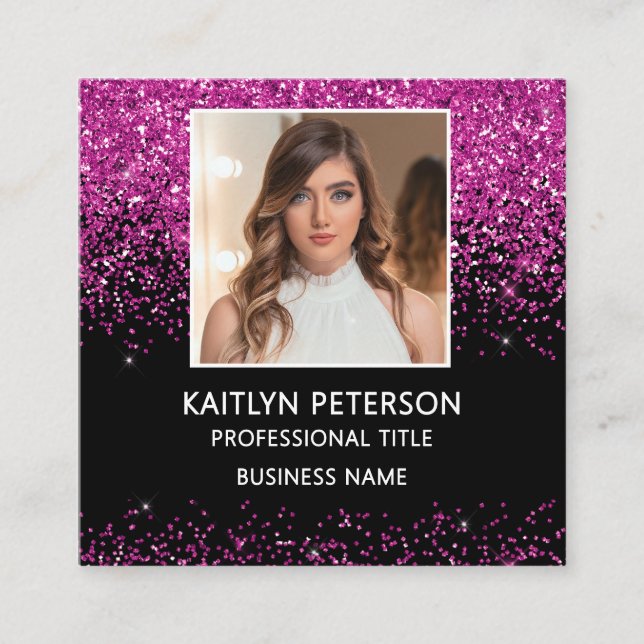 Elegant Hot Pink Glitter Photo QR Code Black Square Business Card (Front)