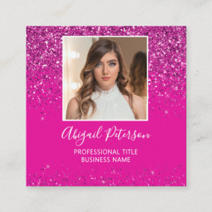 Elegant Hot Pink Glitter Photo QR Code Square Business Card
