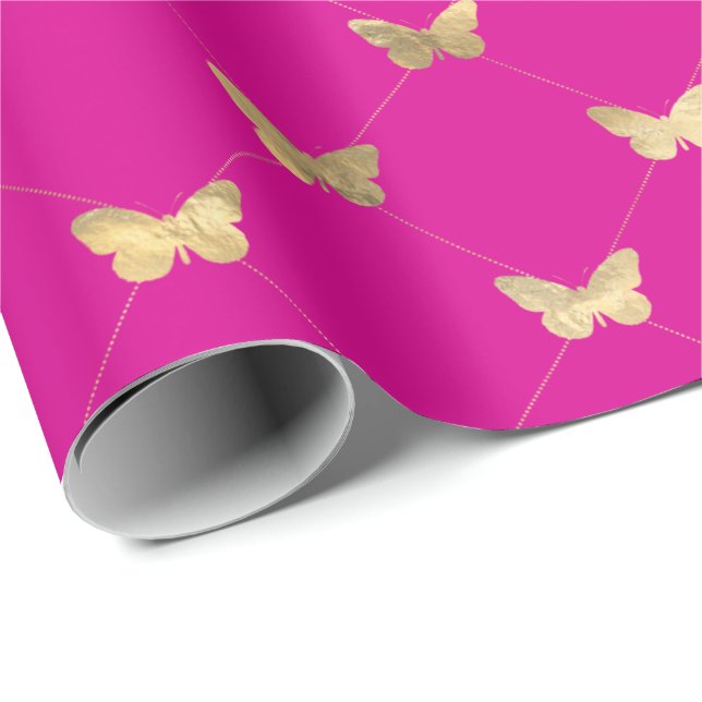 Elegant Hot Pink Gold Butterfly Pattern  Wrapping Paper (Roll Corner)