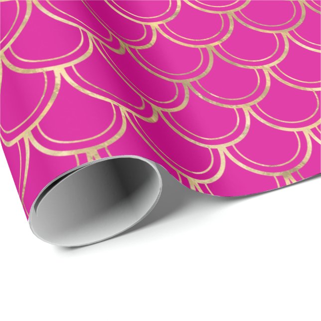 Elegant Hot Pink Gold Scallop Pattern  Wrapping Paper (Roll Corner)