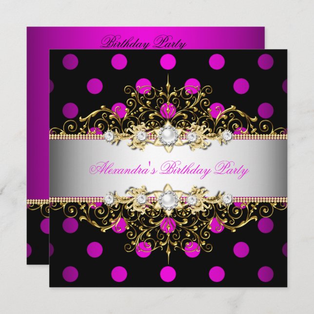 Elegant Hot Pink Gold White Black Polka Dot Party Invitation (Front/Back)