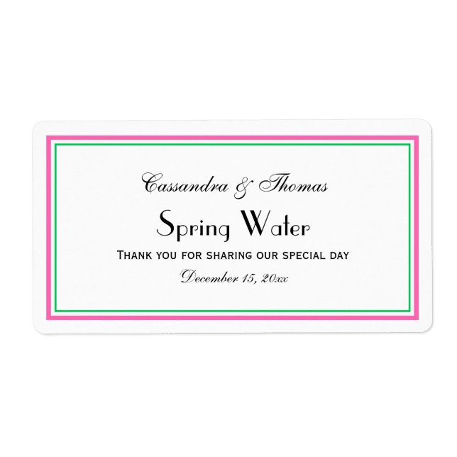 Elegant Hot Pink Green Framed H Water Bottle Label (Front)