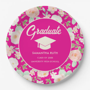 Elegant Hot Pink Ivory Floral Graduation Party Paper Plate