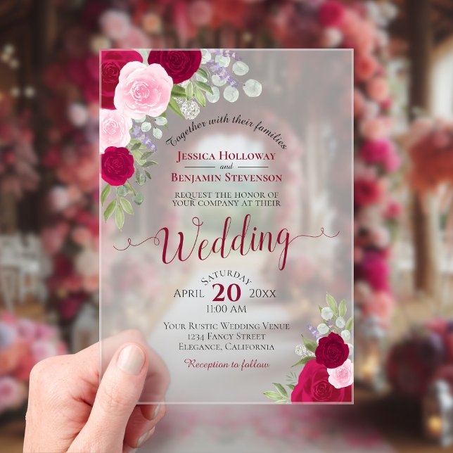 Elegant Hot Pink Magenta & Blush Roses Wedding Acrylic Invitations (Frosted with Rectangle Cut)