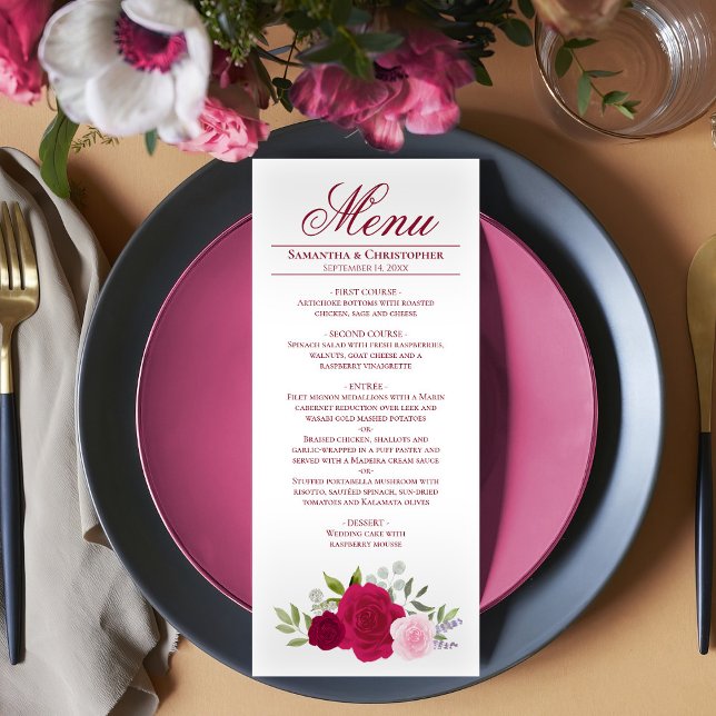 Elegant Hot Pink Magenta & Blush Roses Wedding Menu (On Plate)