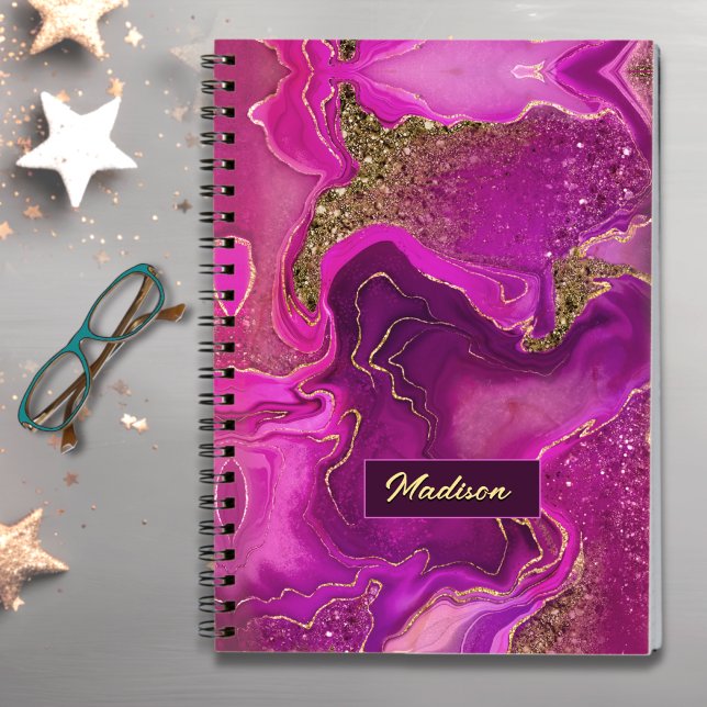 Elegant hot pink marbling faux gold glitter notebo notebook (Creator Uploaded)