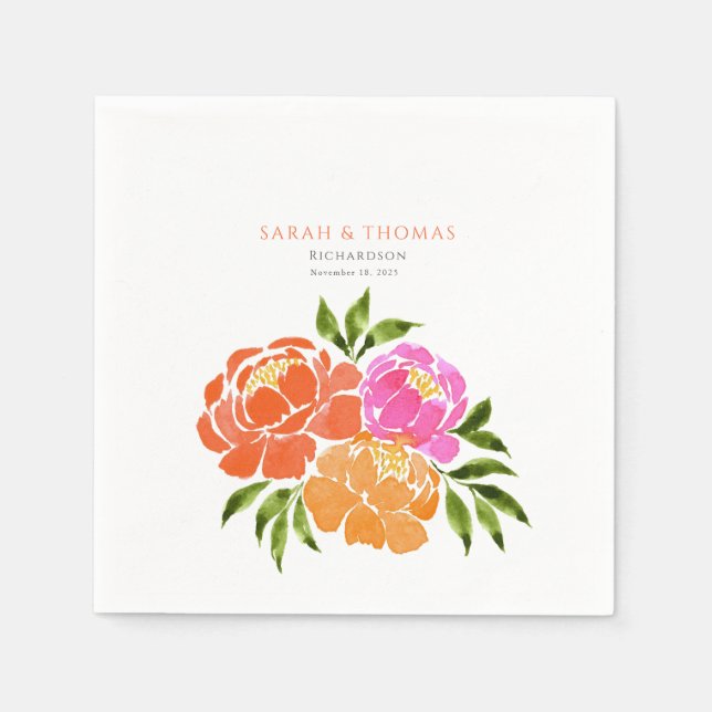 Elegant Hot Pink Orange Floral colorful Napkin (Front)