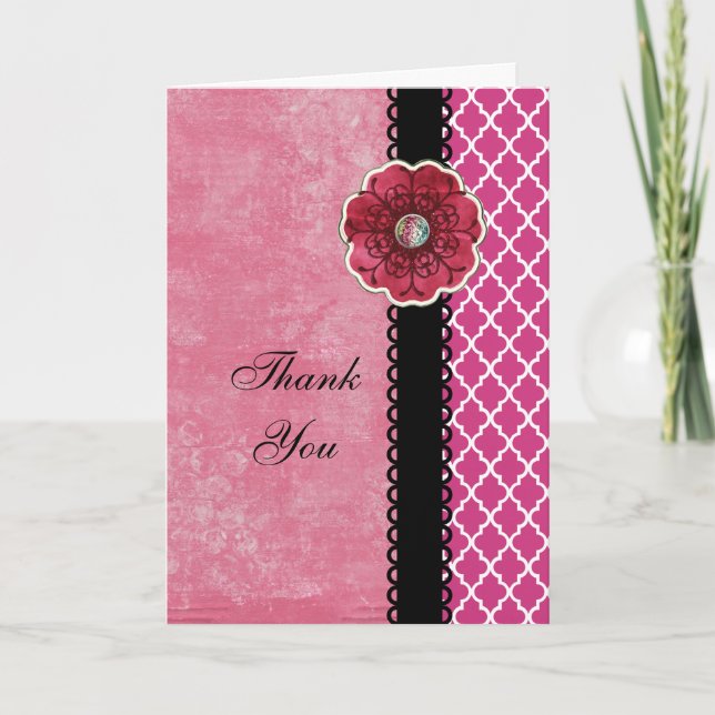 Elegant Hot Pink Quatrefoil Black Flower Thank You (Front)