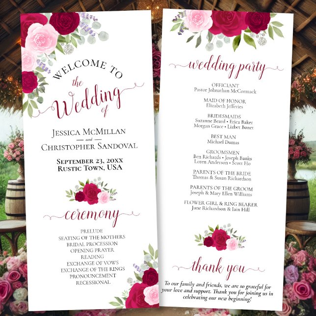Elegant Hot Pink Roses Watercolor Floral Wedding Program (Front/Back)