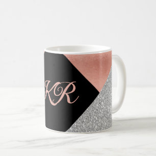 Elegant Hot Pink Silver Glitter Black Monogram Coffee Mug